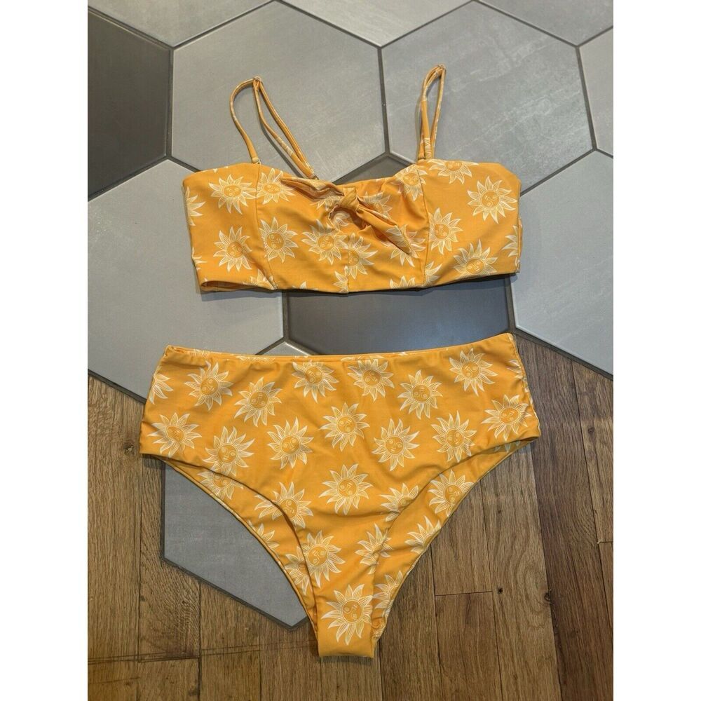 Yellow Celestial Sun Shine High Waisted Bikini Swimsuit Large EUC